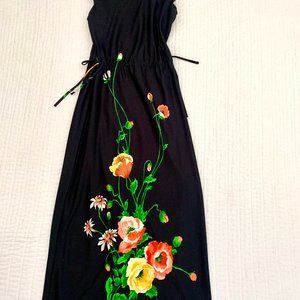 Black Vintage Maxi Poppy Print Dress Adjustable Side Ties '70s